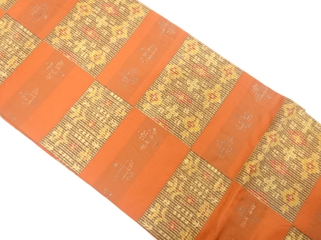 枡に花更紗模様織り出し　袋帯